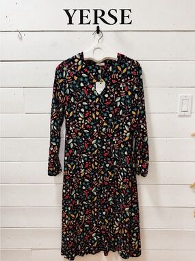 Yerse Floral Print Button-Front Midi Dress – Black Multi – Size L – NWT